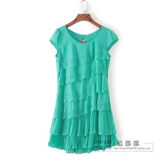 15清仓XY夏装专柜品牌女装绿色纯色雪纺小清新短袖连衣裙 09237