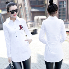 白衬衫女长袖韩范百搭修身秋冬季韩版加绒加厚保暖纯棉中长款衬衣