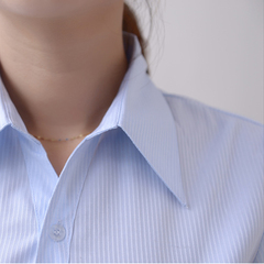 韩版棉蓝色衬衫条纹女长袖职业V领修身工作服正装大码短袖衬衣ol