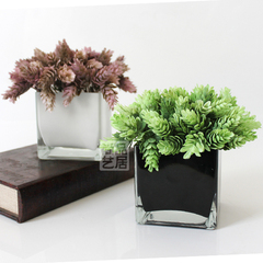 新品 简约现代清新黑白方形玻璃花瓶 仿真绿植 时尚家居装饰摆件