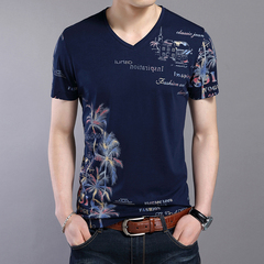 2016夏季新款男士短袖t恤青年大码纯棉V领T恤韩版修身印花打底衫
