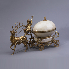 欧式复古美式中式家居摆件饰品软装陶瓷配铜小鹿拉车天使盖盒6313