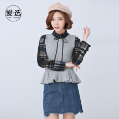 冬季韩版修身长袖格子衬衫 纯色兔毛背心针织衫两件套学生上衣女