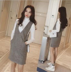 韩国代购2016秋冬新款高领套头毛衣针织两件套毛呢背带裙子连衣裙
