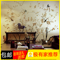 中式手绘花鸟 电视墙壁画 无缝壁画 电视背景墙壁纸 简约墙纸壁画
