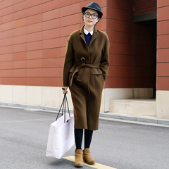 新款女式秋装大衣宽松系带纯正手工羊毛纯色风衣韩版简约保暖外套