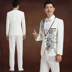 新款亮片西服套装白色修身男士礼服大合唱演出服歌手主持人舞台装