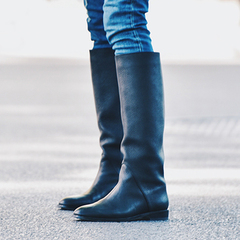 2016新款冬季及膝高筒平底靴女式圆头直筒靴高筒靴长筒靴骑士靴女