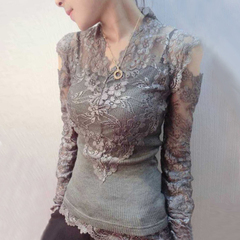蕾丝打底衫女长袖秋季韩版潮女装修身短款T恤小衫网纱针织上衣服