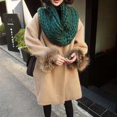 韩国代购秋冬季韩版袖口毛毛茧型毛呢大衣女中长款学院风羊毛外套