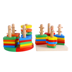 五彩套柱儿童玩具木质几何积木五套塔智力套住益智早教 包邮