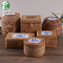 越南藤编收纳盒方形圆形手工桌面有盖小储物盒创意普洱茶包装礼盒