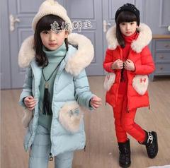 毛毛棉衣三件套女童冬装新款套装长袖连帽棉衣加厚保暖防风棉袄潮