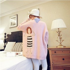 韩国代购宽松美衣原创卡通女孩长袖小个子针织开衫外套毛衣粉色