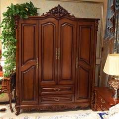 全实木雕花衣柜1米8四门美式衣柜新古典深色欧式衣柜一款三色