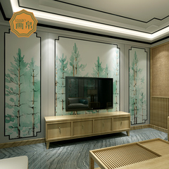 日式电视墙壁画定制沙发卧室餐厅背景墙艺术壁纸墙画手绘翠绿树林