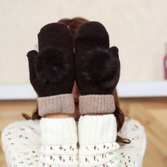 可爱韩版秋冬季女士羊毛加厚保暖加绒毛线学生全指兔毛球手套新品