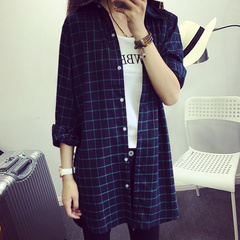 2016秋季韩版BF格子条纹宽松显瘦上衣中长款女装长袖衬衫学生外套