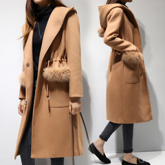 2016冬韩版新款中长款过膝修身毛呢外套连帽加厚驼色呢子大衣女潮