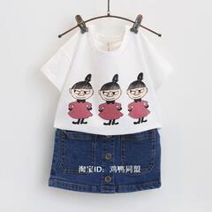 韩版童装女童2016夏装新款短袖套装儿童娃娃短袖 牛仔裙两件套装