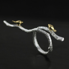 925纯银原创设计立体雕刻长枯树枝可爱小鸟女款开口戒指时尚饰品