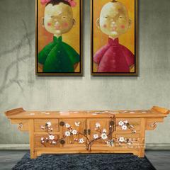 新中式实木彩绘电视柜仿古客厅储物柜香樟木矮柜视听柜手绘家具