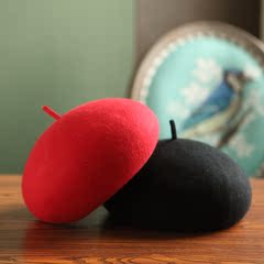秋冬季女士韩版羊毛八角帽贝雷帽复古毛呢画家帽纯色贝雷蘑菇帽