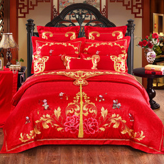 婚庆四件套大红贡缎全棉刺绣1.8m床贡缎床单式结婚新房八十床盖式