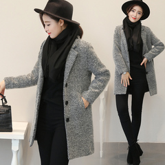 2016冬装新款韩版女装西装领羊毛呢大衣修身中长款茧型毛呢外套女