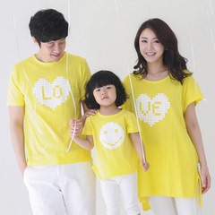 韩版亲子装夏装一家三口全家装母子母女黄色LOVE印花T恤短袖上衣