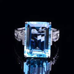 晶语天然水晶海蓝宝戒指方戒女18K白金食指戒子一物一图配证书