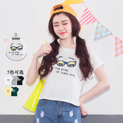 夏季新款2016韩版宽松短款印花短袖T恤女时尚卡通纯棉上衣打底衫