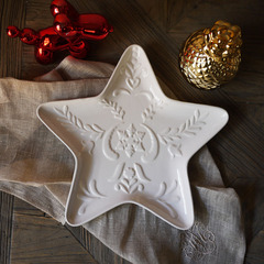 W1962出口美国白色陶瓷浮雕圣诞款星星大盘/五角星果盘