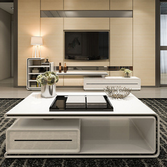 展梵 现代简约客厅创意白色亮光烤漆茶几 伸缩电视柜组合套装