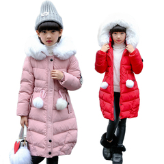 冬装女童棉衣中长款球球毛领外套中大童韩版百搭收腰时尚学生外套