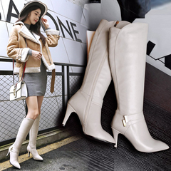 2016冬季新款米白色高筒女靴真皮细跟侧拉链尖头韩版性感高跟长靴