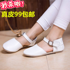 韩版夏季新款真皮平底小白鞋圆头皮带扣白色休闲凉鞋舒适护士鞋