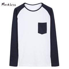 Markless2015春装男士圆领纯棉T恤男拼接长袖打底衫修身汗衫男装