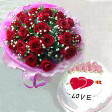 生日祝福鲜花网上订花21朵红玫瑰花束8寸鲜奶蛋糕上海鲜花速递