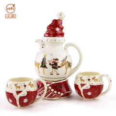圣诞茶具  手绘浮雕一壶两杯茶具配加热座套装 圣诞节茶壶礼物