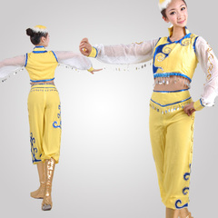 热卖蒙古族舞蹈演出服装少数民族女式成人款筷子舞骑马舞黄色套装