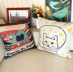 超厚喵星人猫咪涂鸦插画卡通图案棉麻沙发靠垫抱枕办公室汽车靠枕