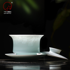 千年火功夫茶具手工暗刻青瓷盖碗景德镇陶瓷马蹄形三才碗薄胎茶具