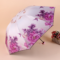夏季新款牡丹花太阳伞防晒防紫外线女黑胶遮阳伞三折晴雨伞轻两用