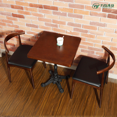 全实木咖啡厅桌椅组合 复古方桌奶茶厅桌椅 西餐厅桌椅 牛角椅