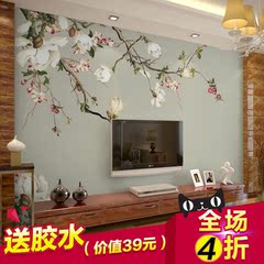 中式无缝3D立体壁纸客厅沙发电视背景墙纸定制大型壁画花鸟玉兰花