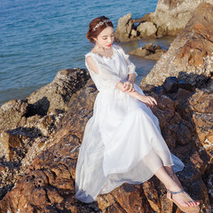 白色连衣裙夏小清新雪纺短袖露肩长裙仙海边度假沙滩裙甜美海岛裙