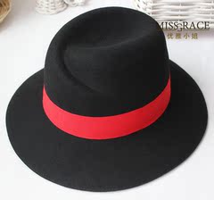 澳洲进口羊毛呢秋冬新款红黑撞色礼帽子百搭欧美风爵士帽