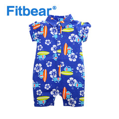 Fitbear 1件婴儿衣服3-6-9个月新生儿连体衣短袖夏季纯棉蓝色印花