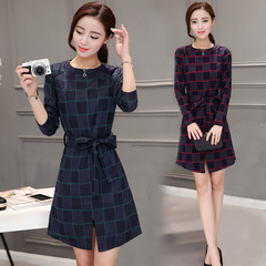 2016秋装新款女装韩版修身格子系带长袖裙子中长款连衣裙1023